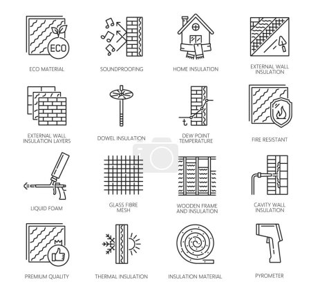 Illustration for Wall thermal insulation icons. Mineral wool and tools for house building walls, floors and roof insulation. Vector line insulate panels, foam gun and rockwool roll, soundproof mats and dowel - Royalty Free Image