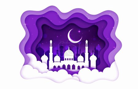Illustration for Ramadan Kareem banner, Arabian mosque and crescent moon paper cut in clouds. Antique Islamic religious architecture silhouette and crescent moon with stars inside of layered papercut 3d vector frame - Royalty Free Image