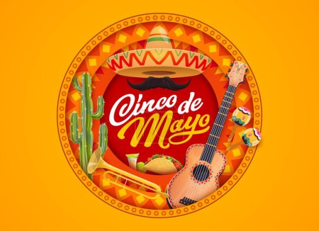 Téléchargez les illustrations : Cinco de Mayo papier coupé bannière de vacances mexicaine avec sombrero et guitare, fond vectoriel. Fiesta mexicaine Cinco de Mayo avec maracas et trompette, cactus, taco et tequila - en licence libre de droit