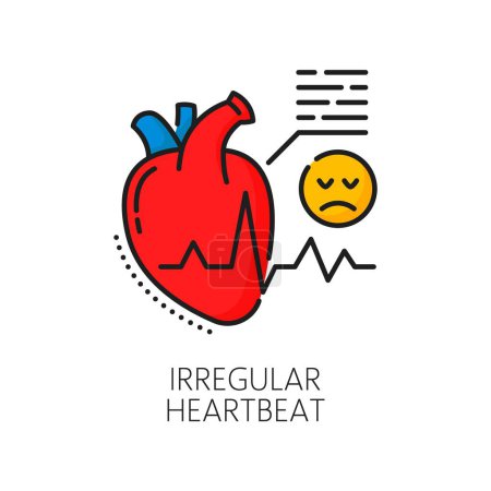 Illustration for Hematology, anemia disease irregular heartbeat symptom color line icon. Health care diagnose, anemia symptom or hematology medicine test outline vector icon with human heart, heartbeat cardiogram - Royalty Free Image