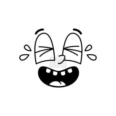 Illustration for Cartoon funny comic groovy laughing face emotion, retro cute emoji character with expressive hearty laugh with tears, captures pure joy, happiness. Vector lol emoticon blending nostalgia with humor - Royalty Free Image