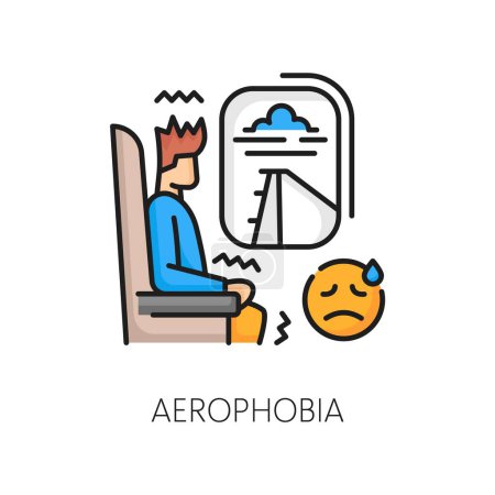 Illustration for Human phobia, aerophobia psychology anxiety, mental problem line color icon. People psychology, mental disorder or phobia fear problem thin line vector symbol with man scared of airplane flights - Royalty Free Image