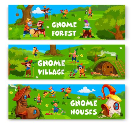 Illustration for Cartoon garden gnome and dwarf characters, fairytale village with fairy houses vector banners. Cute gnome, elf and leprechaun personages with funny beards, tree trunk and boot homes, flowers and grass - Royalty Free Image