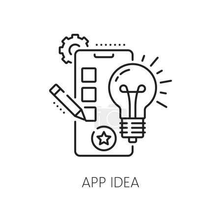 Illustration for App idea, web app develop and optimization icon. Isolated vector linear sign of glowing light bulb, pencil and mobile phone screen, symbolizing efficiency in application development and optimization - Royalty Free Image