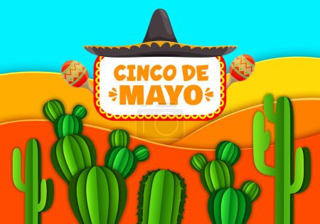 Téléchargez les illustrations : Cactus désertiques mexicains sur papier coupé paysage pour Cinco de Mayo vacances, bannière vectorielle. Célébration de la fiesta mexicaine Cinco de Mayo avec chapeau sombrero, maracas et cactus en couches de papier découpé - en licence libre de droit