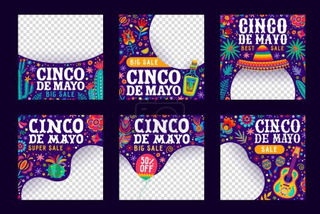 Cinco de mayo modèles de messages sur les médias sociaux. Cadres carrés vectoriels mexicains de vacances, capturez l'esprit festif, la fierté culturelle et la joie du Mexique avec sombrero, guitare et fleurs colorées de style alebrije