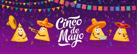 Cinco de mayo de vacaciones, nachos mexicanos chips en el escenario de carnaval. Banner festivo vectorial con dibujos animados banda latina divertida tex mex alimentos personajes sosteniendo tazón salsa guacamole, tocando trompeta y maracas