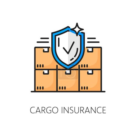 Illustration for Cargo insurance color line icon, vector logistics, cargo carriage, shipping and package delivery service. Outline cardboard boxes and parcels pile with protection shield symbol, shipments protection - Royalty Free Image
