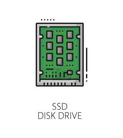 Ssd disk drive hardware line color icon or sign. Isolated vector green rectangular, compact pc disc with circuitry or flash memory chips, symbolizing speed and modern data storage technology