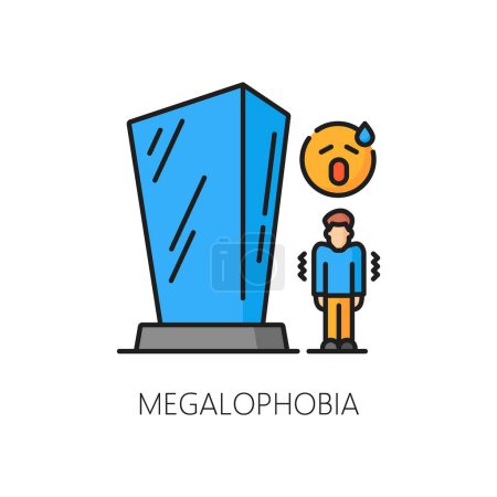 Human mental health, megalophobia phobia, psychology problem or anxiety linear color icon. People psychology, megalophobia mental disorder or phobia of big objects outline vector sign or pictogram