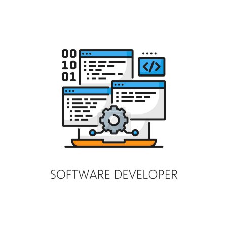 Illustration for Software developer job, web development career, IT specialist vacancy thin line icon. Website application, IT technology specialist, programming job line vector sign with laptop, app codding window - Royalty Free Image