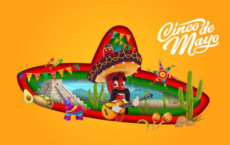 Illustration for Mexican sombrero paper cut Cinco de mayo holiday banner with mustached mariachi red jalapeno pepper playing guitar. Vector layered 3d frame with cacti, maracas, pyramid, pinata, tex mex taco, avocado - Royalty Free Image