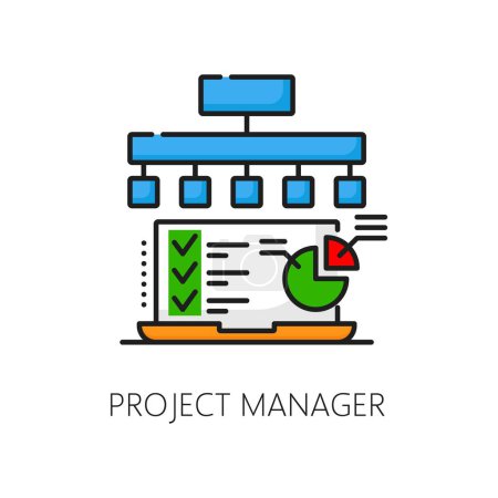 Illustration for Web development job, IT specialist vacancy, project manager career thin line color icon. Web development career, network software programming job line vector icon with laptop, infographics diagram - Royalty Free Image