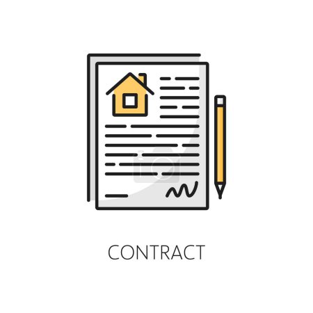 Illustration for House rent, apartment mortgage, real estate insurance thin line icon. Apartment sale thin line sign, real estate property loan or rent company outline vector pictogram or icon with contract document - Royalty Free Image
