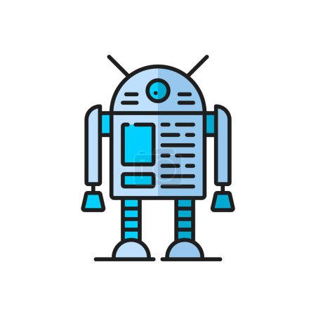 Illustration for Game retro robot, alien humanoid virtual bot, futuristic droid line color icon. Virtual assistant humanoid droid, robotic technology vintage bot or alien cyborg symbol. AI robot outline vector icon - Royalty Free Image