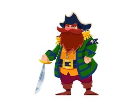 Illustration for Cartoon pirate captain character, corsair seaman with saber and tricorn hat. Isolated vector grumpy sea rover personage with beard and mustaches, holding sword, ready for adventures and treasure hunts - Royalty Free Image