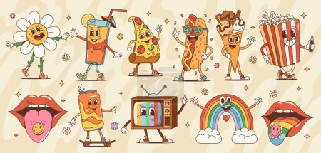 Cartoon-Retro groovy Zeichen Vektor-Set. Gänseblümchen, Cocktailglas, Pizzascheibe oder Hot Dog. Eis, Popcorn, Mund mit Zunge mit Drogenaufkleber und Getränkedose auf dem Skateboard. Alter Fernseher oder Regenbogen