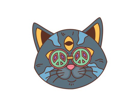 Téléchargez les illustrations : Cartoon rétro chat personnage groovy. Tête de chaton funky vecteur isolé dans des lunettes de soleil avec des symboles de paix, des motifs psychédéliques et un troisième œil sur le front, exsudant une ambiance fraîche et décontractée avec un sourire groovy - en licence libre de droit
