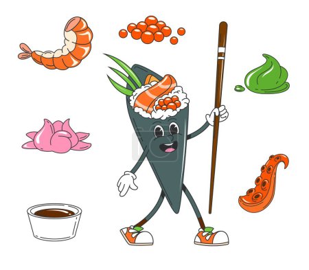 Ilustración de Caricatura japonesa groovy temaki sushi carácter. Personaje de comida japonesa vibrante vector aislado exudando alegría. Rollo envuelto en cono de algas, lleno de rellenos frescos como pescado de salmón, caviar y arroz - Imagen libre de derechos