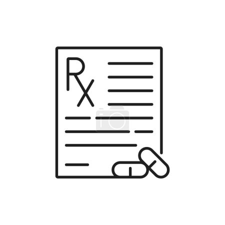 Téléchargez les illustrations : Pharmacie médecin prescription mince icône de ligne. Document pharmaceutique Drugstore ou symbole vectoriel de schéma de recette de pharmacie. Médecine soins de santé, traitement prescription ligne icône ou pictogramme - en licence libre de droit
