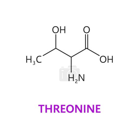 Molécula química del aminoácido de la treonina, estructura esencial de la cadena. Compuesto molecular de proteína muscular, cadena química de suplemento nutricional o fórmula vectorial de moléculas de aminoácidos esenciales