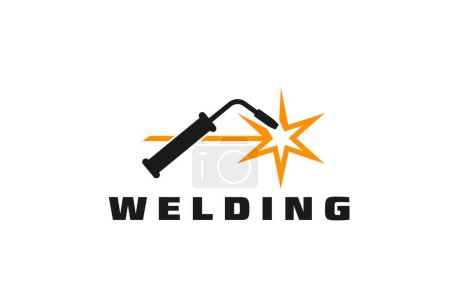 Illustration for Weld icon, Welder tool and sparks. Isolated vector emblem with stylized welding torch in action, emitting a bright, dynamic spray of sparks, symbolizing the process of industrial metal work service - Royalty Free Image