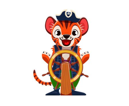 Illustration for Cartoon tiger animal skipper or pirate corsair character with steering wheel, vector captain. Funny tiger as Caribbean pirate or seaman sailor at ship helm in tricorne hat with crossbones skull - Royalty Free Image