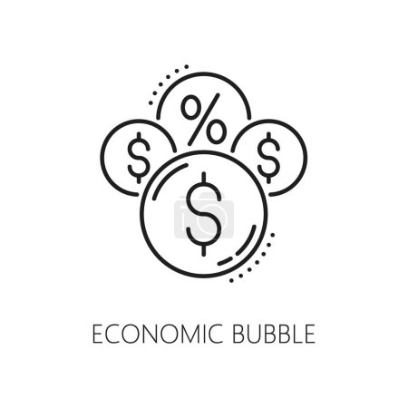 Economic bubble crisis and money loss icon, downturn and bankruptcy symbol. Isolated vector linear sign of dollars and percent balloons, symbolizing unsustainable growth leading to eventual burst