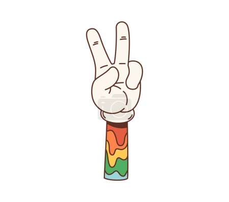 Illustration for Peace gesture, cartoon retro hippie groovy symbol, signifies harmony and non-violence, promoting love and unity during the 1960s counterculture movement. Vector hand with raised fingers showing V sign - Royalty Free Image