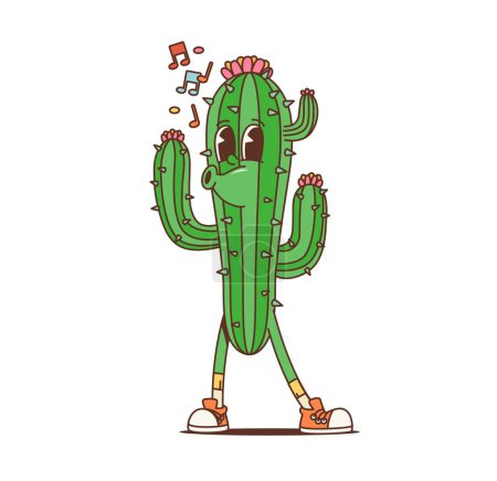 Illustration for Cartoon retro Mexican cactus succulent groovy character as hippie of 70s, vector funky art. Happy groovy cactus whistling melody or singing song notes, 70s hippie or hipster silly cartoon character - Royalty Free Image