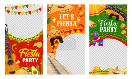 Illustration for Mexican fiesta party banner templates for Mexico holidays celebration, vector frames. Social media templates with Mexican sombrero and mariachi guitar, Aztec pyramid and avocado with maracas - Royalty Free Image