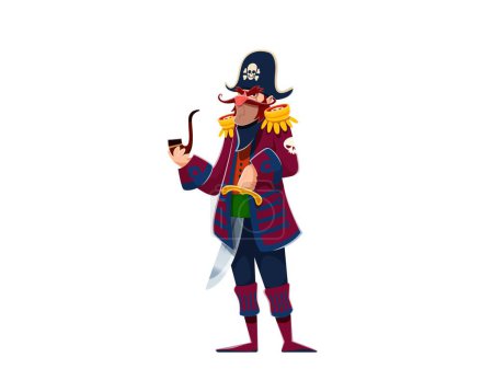 Cartoon pirate skipper character, danger corsair confidently puffs on a curling smoking pipe. Isolated vector filibuster nautical personage wearing a captain hat and admiral coat, armed with a saber
