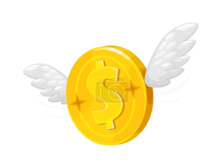 Illustration for Golden coin on wings, flying dollar money 3D vector icon for casino, bank and finance. Cartoon gold coin on wings for bonus award, investment, payment and currency cash wallet or financial wealth - Royalty Free Image