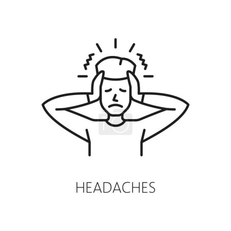 Illustration for Headache anemia symptom, physical disease line icon. Hematology, medicine science, healthcare vector sign of outline man with headache, fatigue, dizziness, iron deficiency. Anemia or blood disorder - Royalty Free Image