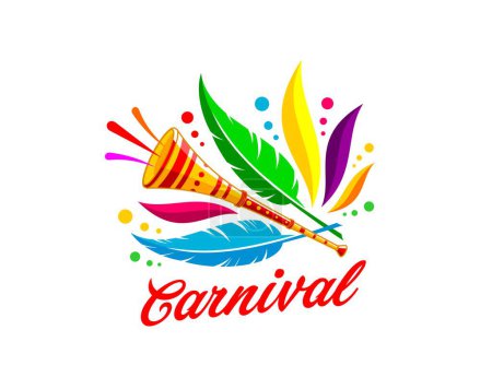 Illustration for Brazil carnival party icon, entertainment event. Isolated vector vibrant emblem, features a burst of colorful feathers and pipe instrument, encapsulating the spirit of festivity and joy of Rio holiday - Royalty Free Image