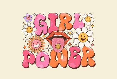 Groovy girl power quote or typography in hippie style features vibrant, flowing font adorned with flowers and mouth with psychedelic drugk sticker on tongue. Vector free-spirited phrase in style 1960s