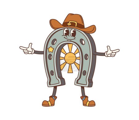 Illustration for Cartoon retro horseshoe Wild West groovy character. Old american Western sheriff horseshoe vector personage with vintage cowboy hat and boots, golden star and sun. Groovy funky Western marshal emoji - Royalty Free Image