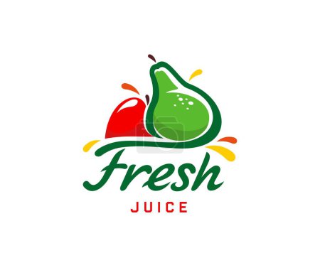 Illustration for Fresh juice icon, pear and apple fruit drink or smoothie label, vector emblem. Fruit juice package icon of red apple and pear with juicy drops splash in flat line for natural organic beverage - Royalty Free Image