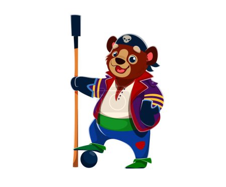 Cartoon bear animal gunner pirate corsair character with cannon ball and gun charging stick. Isolated vector swashbuckling sailor with a wide smile, ready for sea adventures for daring sea adventures