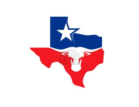 Téléchargez les illustrations : Texas longhorn état avec carte, drapeau et étoile américaine symbole, icône vectorielle. Carte du Texas et panneau de tête de taureau longhorn de la société américaine ou américaine, de l'industrie pétrolière et pétrolière ou du badge de qualité du Texas - en licence libre de droit