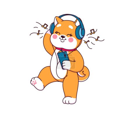 Ilustración de Dibujos animados japonés kawaii shiba inu perro personaje escuchando una música en los auriculares. Cachorro vectorial aislado bailando a los ritmos de la melodía, capturando un momento lúdico lleno de expresión deliciosa peluda - Imagen libre de derechos