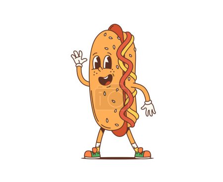 Photo for Cartoon retro hot dog groovy character or funky fast food, vector comic personage. Happy groovy hot dog sandwich with Hi greet hand gesture, 70s hippie or hipster funny fastfood in cartoon art - Royalty Free Image
