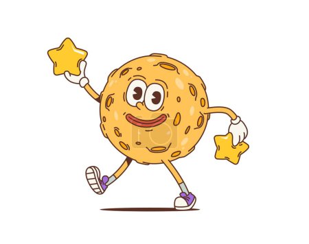 Illustration for Cartoon retro moon groovy character with twinkle stars. Isolated vector psychedelic celestial body personage with craters, gloves, sneakers and wide grin exudes a laid-back, vintage 60s or 70s vibes - Royalty Free Image