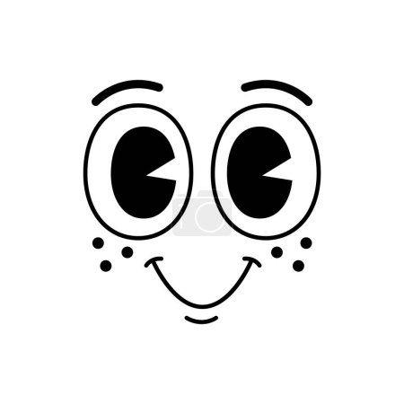 Illustration for Groovie emoji face, cartoon funny comic smile with cute emotion, vector character. Retro groovy emoticon face with big eyes in doodle line, happy smiling mouth or pleased or shy face with freckles - Royalty Free Image