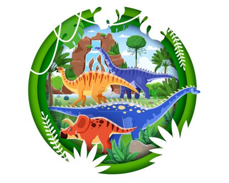 Paper cut landscape with cartoon dinosaur characters and tropical jungle forest with cascade. Isolated 3d vector round layered frame with funny dino personages at vivid jurassic nature with waterfall