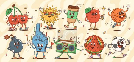 Cartoon groovy characters, cherry and apple, watermelon and bomb, soccer and basketball balls, coffee cup and sun, fan glove and tape recorder. Vector funky personages in hippie vintage cartoon style