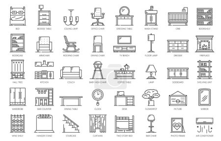 Iconos de muebles, interior del hogar. Objeto interior de la casa, apartamento moderno muebles delgada línea vector pictogramas o símbolos de contorno con sofá, tocador, estantería y escritorio, lámpara, armario, mesa de café
