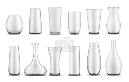 Photo for Realistic glass flower vases. Vector 3d empty transparent glass containers isolated mockups for cut flowers or plants. Clear glassware, round bowls, tall cylindrical and curved shape vases, room decor - Royalty Free Image