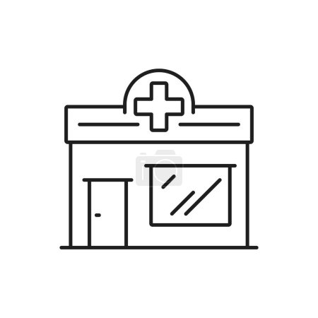 Photo for Pharmacy, hospital or clinic building line icon. Drugstore kiosk, pharmacy or hospital pharmaceutical aid outline vector icon. Medicine help, health care line pictogram or symbol - Royalty Free Image
