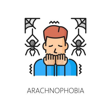 Photo for Person mental anxiety, human phobia, arachnophobia psychology problem line color icon. Mental disorder, people psychology or phobia fear thin line vector pictogram or sign with man scared of spiders - Royalty Free Image